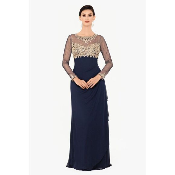 Xscape Noah Illusion Long Sleeve Lace Matte Jersey Gown Ruched Size 6 Navy Gold - Picture 3 of 16